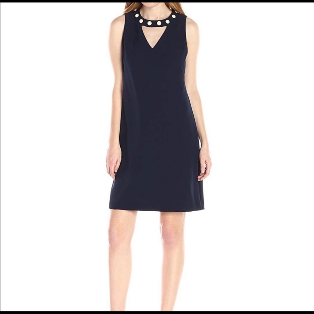 Taylor navy pearl neck knee length dress